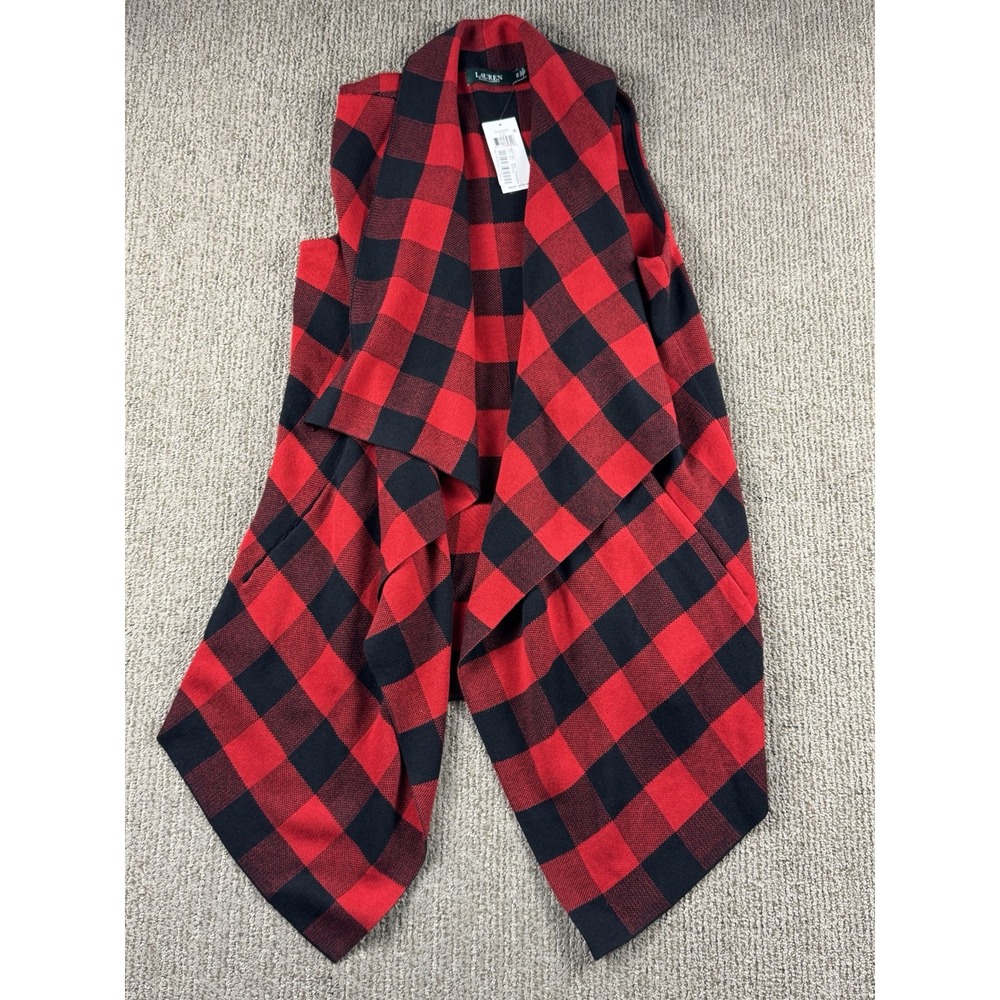 Lauren Ralph Lauren Womens 1X Open Front Shawl Sweater Vest Buffalo Check